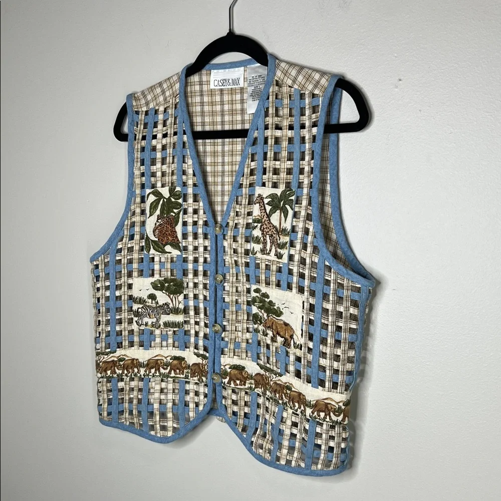 Vintage Casey & Max Patchwork Safari Animals Lattice And Plaid Cotton Linen Vest
